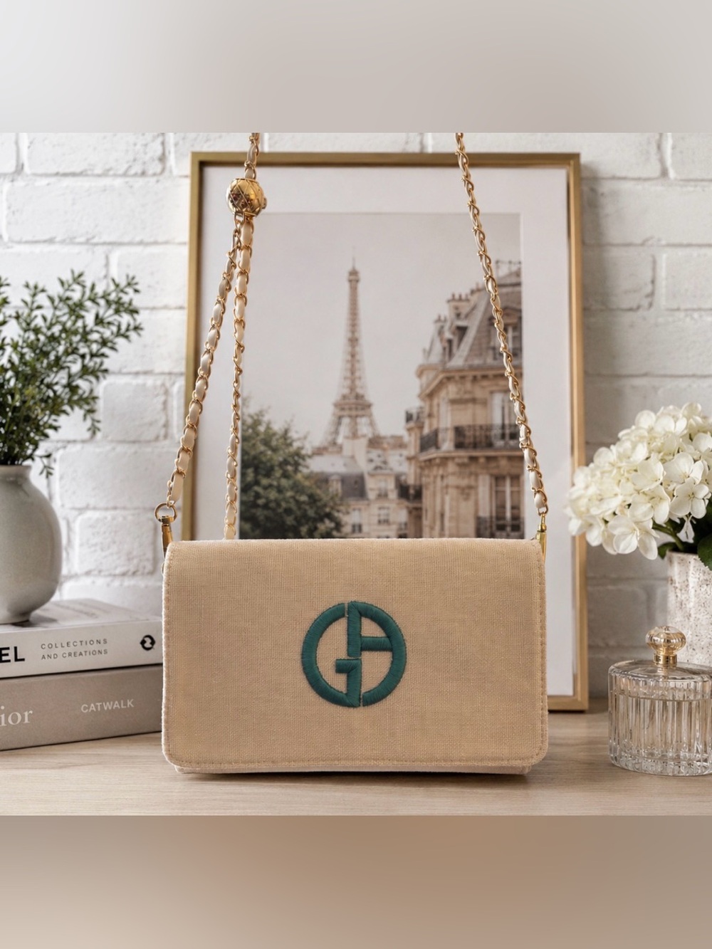 Giorgio Armani Beige Shoulder Bag with Teal Logo and Gold Chain